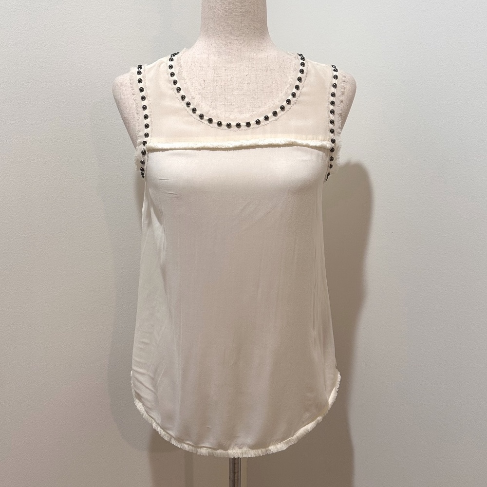 Maison Scotch Cami Tank with sheer panel metal grommets studs in Cream, Size S/P